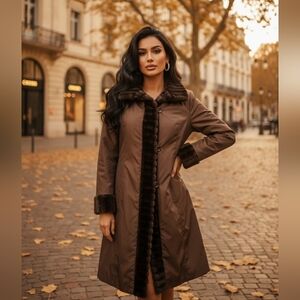 Gallery Women's Brown Taffeta Coat With Faux Fur Lining size 0X Vintage